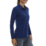 Navy long sleeve polo shirts being worn by a female model. The shirt has a quarter length button-up collar. 