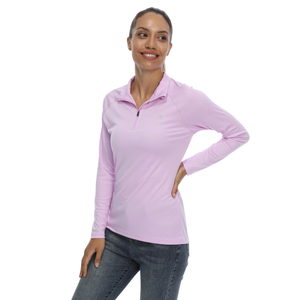 Female model wearing a light purple sun protection shirt with zip up collar and long sleeve. The cloth has a UPF 50+ sun protection rating. 