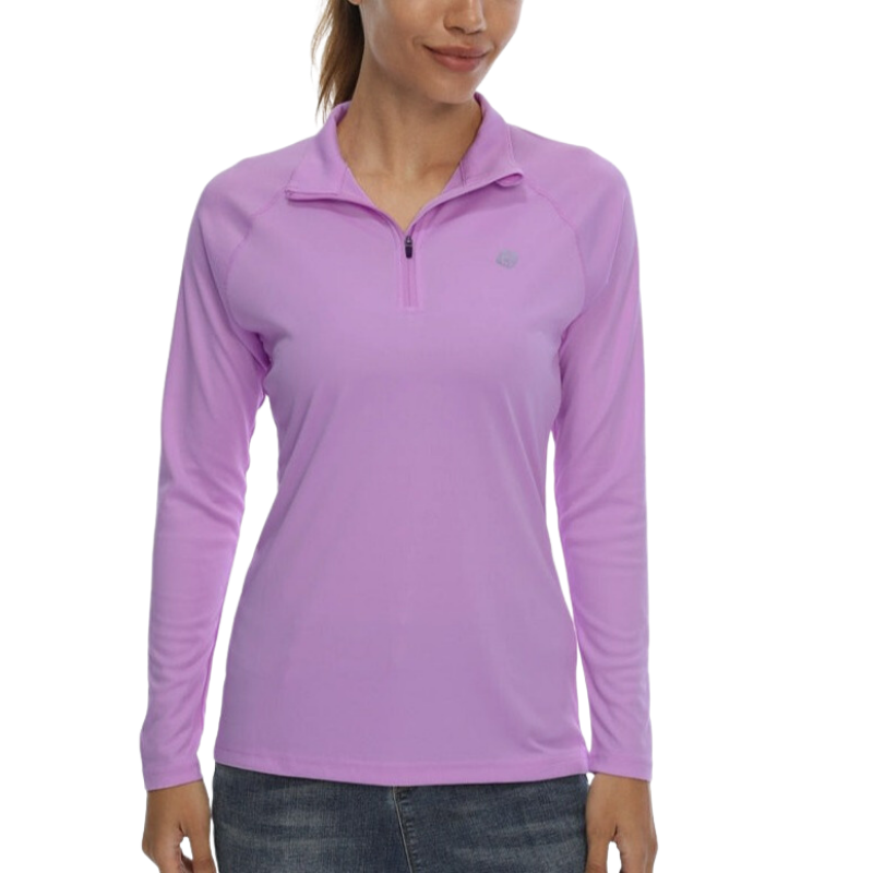Light-purple sun protection shirt with 1/4 zip being worn by female model. 