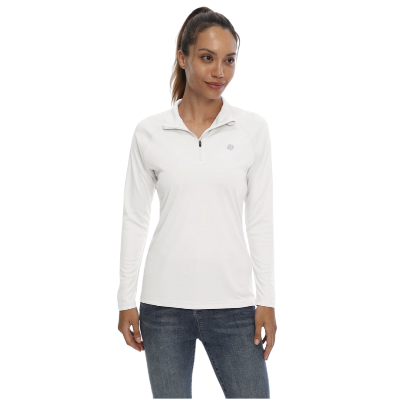 Female model wearing a white sun protection shirt with zip up collar and long sleeve. The cloth has a UPF 50+ sun protection rating. 