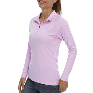 Female model wearing a light purple sun protection shirt with zip up collar and long sleeve. The cloth has a UPF 50+ sun protection rating. 