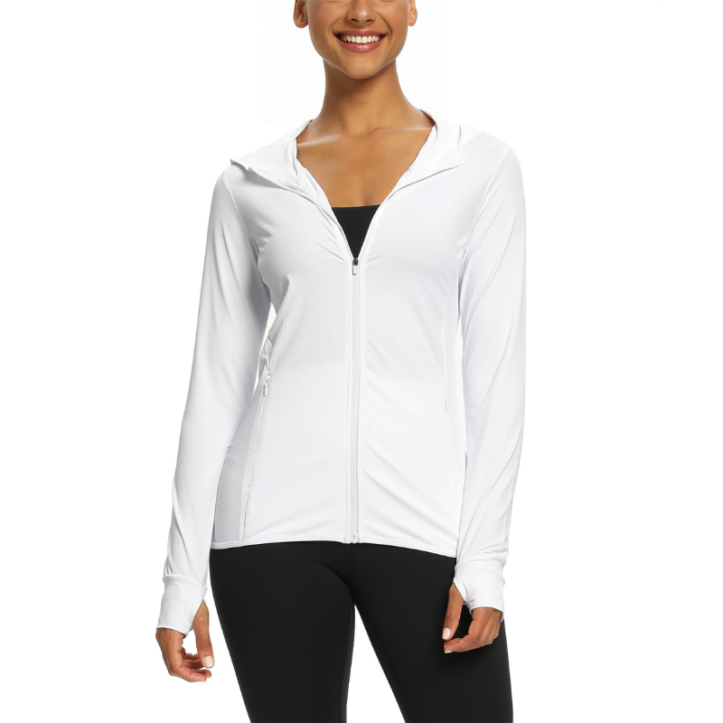 Female model wearing a white zip-up sun protection shirt with a UPF 50 + rating. The shirt has long sleeve and a hood.
