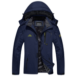 Women's warm waterproof jacket with detachable hood. Navy with fleece lining. Zip pockets inside and out.