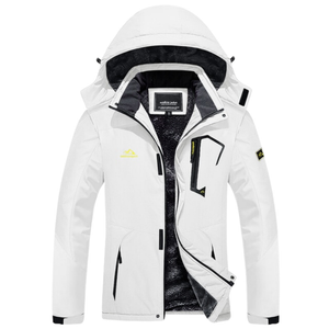 Ladies white winter jacket. Waterproof with a warm fleece lining. This jacket also has a removable hood and zip pockets.