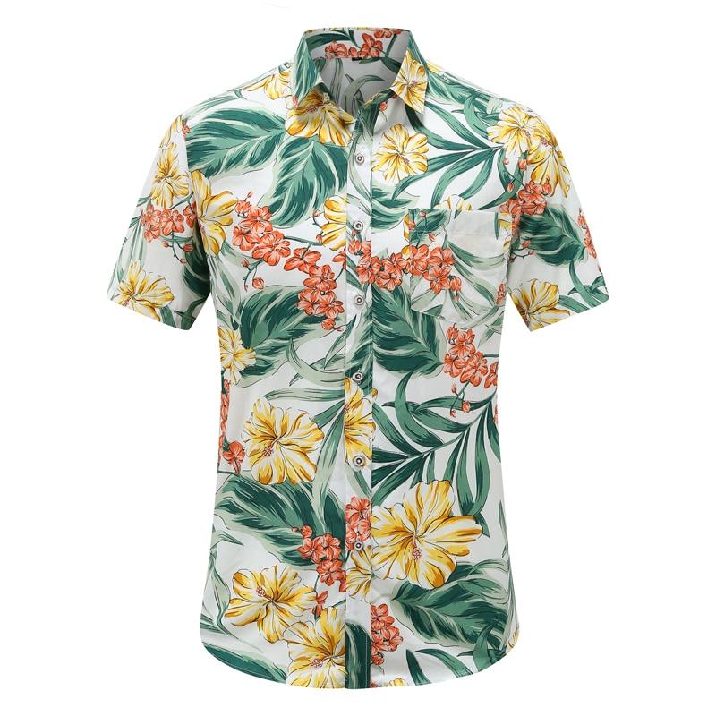 Men's Hawaiian Shirt with yellow and green flowers.  Chest pocket.
