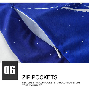 Zip pockets on a blue and white fishing shirt.