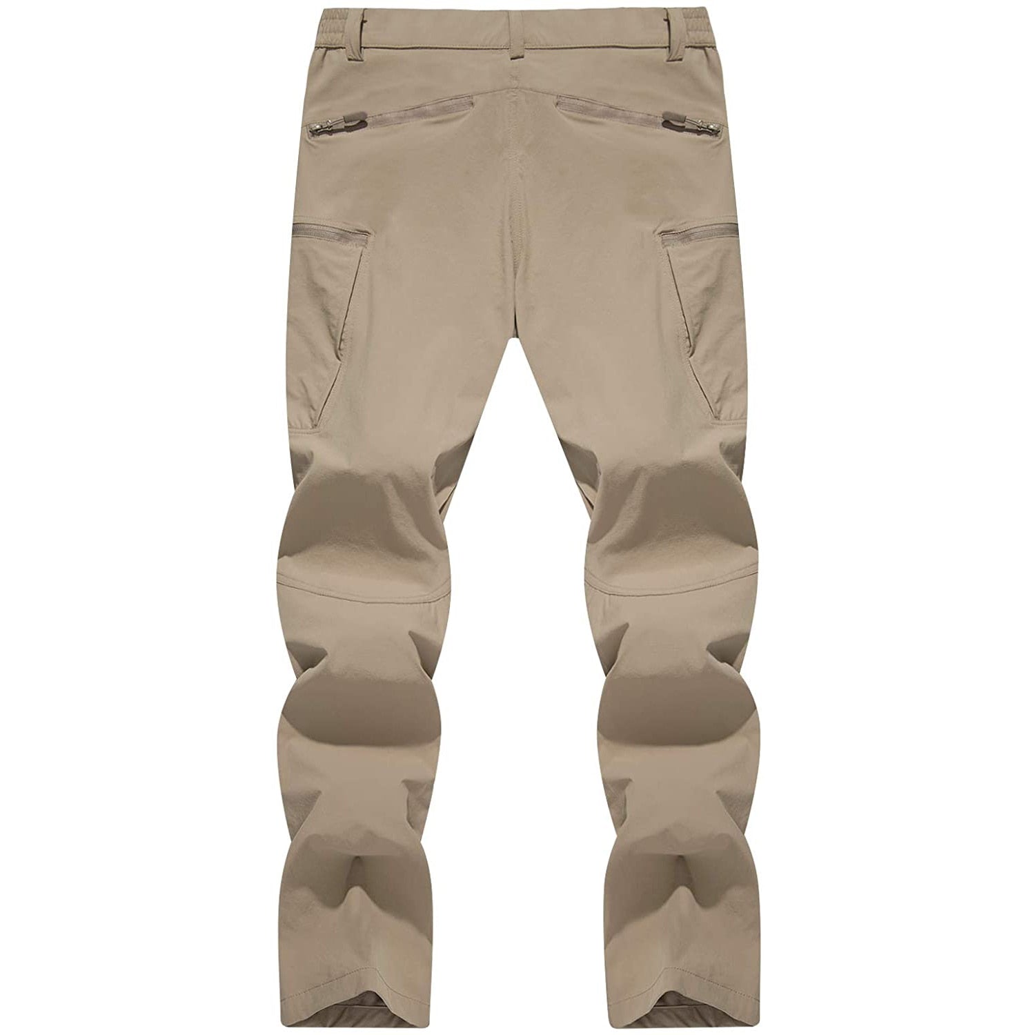 Men's khaki coloured pants pants with zip pockets on the back and on the legs. 