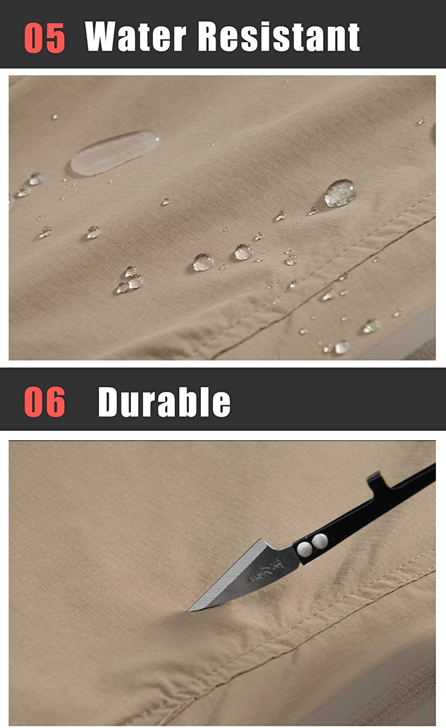 Water drops on men's water resistant lightweight summer pants. Knife trying to cut men's pants.