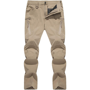 Men's khaki hiking pants with multiple pockets. The pants are made from a comfortable stretch fabric. They are lightweight making them great for wearing in summer. 