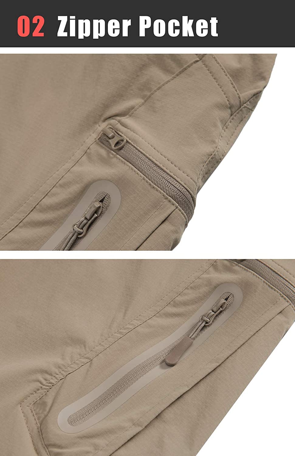 Men's long length cargo pants with zip pockets on the side of the legs. Fast drying Khaki nylon and spandex cloth.