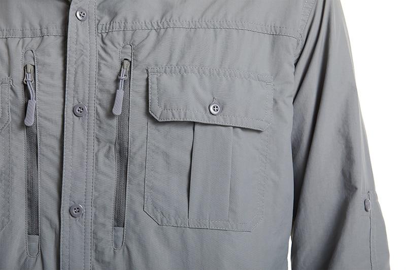 Men's button-up grey shirt with multiple pockets.