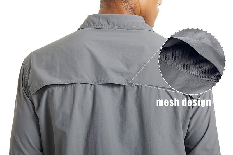 Grey shirt with moisture wicking lining and open ventilation on the back. 